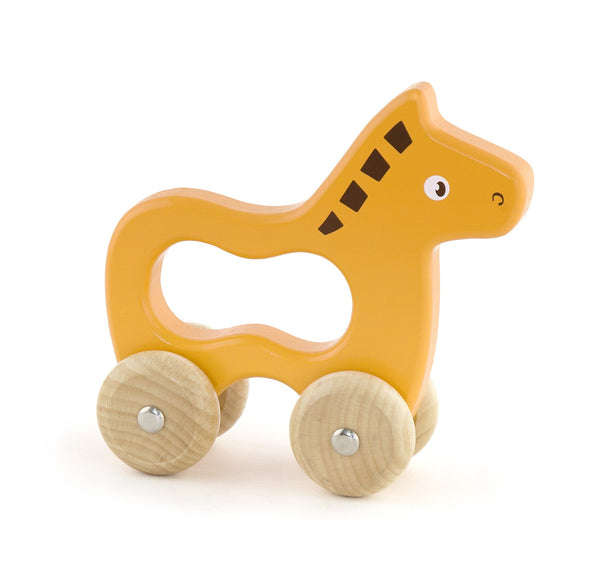 Viga 50328 Handy Animals On Wheels -hevoslelu, joka on valmistettu puusta ja maalattu vaaleanpunaiseksi ja valkoiseksi. Hevosella on pyörät ja se on suunniteltu lapsille leikittäväksi.