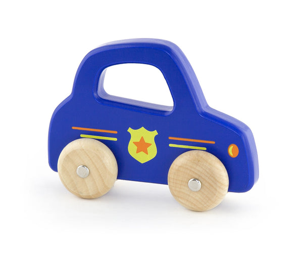 Pienikokoinen poliisiauto leikkikäyttöön, punainen ja valkoinen väritys.