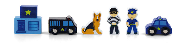 Viga 50814 junasetin lisäosa, poliisiasema. Tuotteessa on punainen ja valkoinen poliisiasema, jossa on kaksi kerrosta ja punainen katto. Aseman edessä on pieni piha-alue ja parkkipaikka.