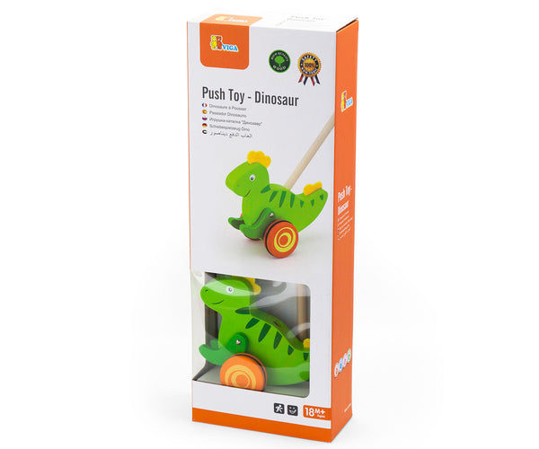 Puinen leludinosaurus, jossa on kirkkaanvihreä ja oranssi väritys. Dinosaurus seisoo neljällä jalallaan ja sillä on pitkä häntä.