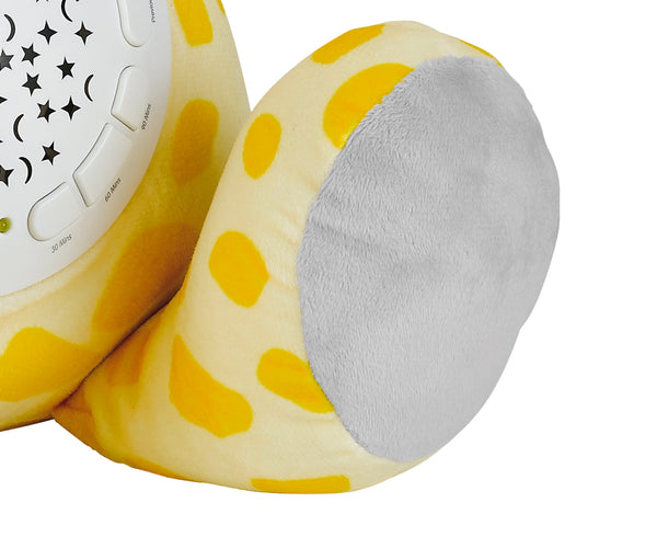 Pehmeä leikkikalu, jossa on projektori. Leikkuukalu esittää kirahvia ja siinä on värikäs design.