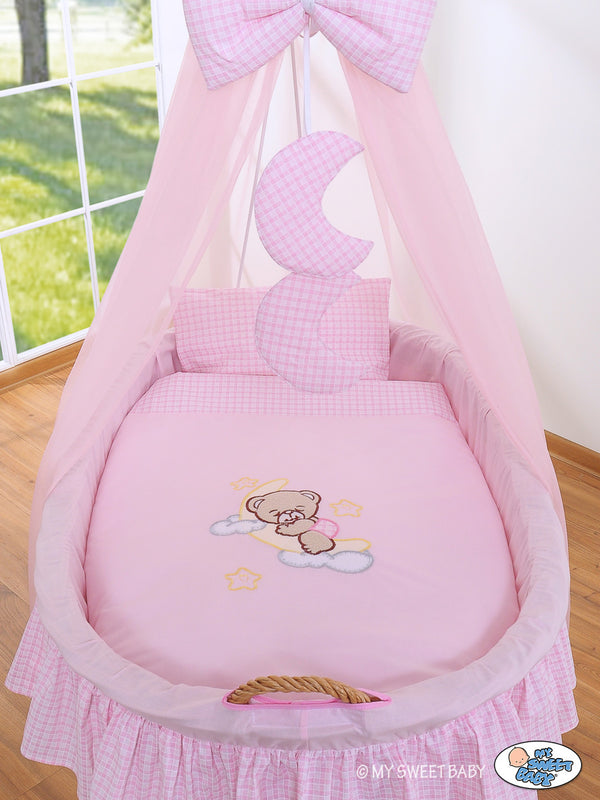 My Sweet Baby - Pajuinen Moses-kori verholla pinnasänkyyn Hyvää yötä - luonnollinen + vaaleanpunainen vuodevaatteet
