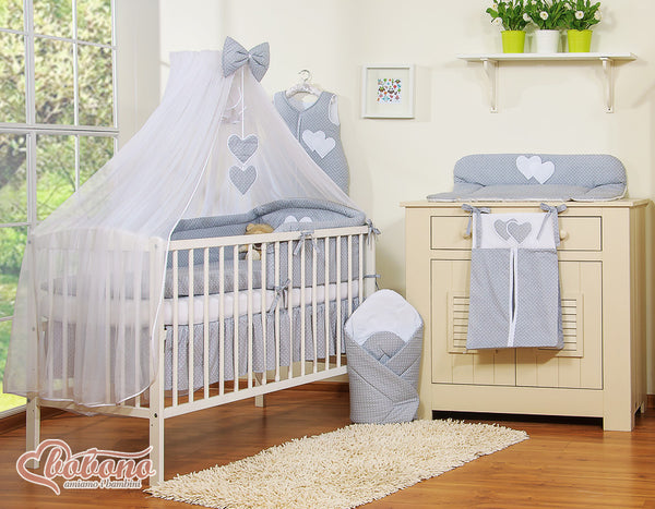 Bobono - Suuri vauvan sängyn hyttysverkko valkoisesta sifongista riippuvilla sydämillä ja rusetilla - harmaat pilkut