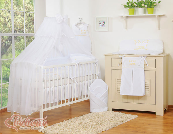 Bobono - Vauvan sängyn suuri hyttysverkko valkoisesta sifongista ympyröillä ja rusetilla - valkoiset ripustimet