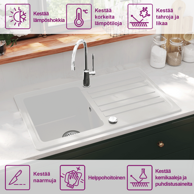 Valkoinen graniitti keittiön pesuallas viemärillä käännettävä Zeferina (kerman)