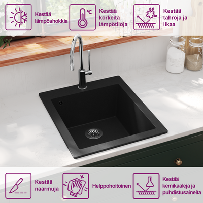 Musta keittiön pesuallas Joan (tasoon päälle asennettava, graniitti)