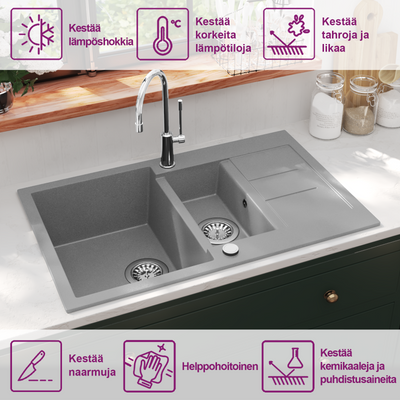 Harmaa keittiön kaksoispesuallas Alaeldin (graniitti)