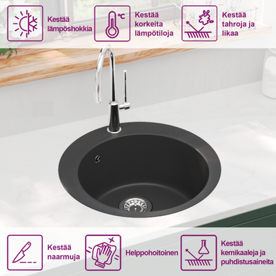 Musta keittiön pesuallas Aronia pyöreä (graniitti)
