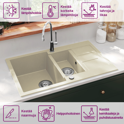 Beige keittiön tuplapesuallas Alaeldin (graniitti)