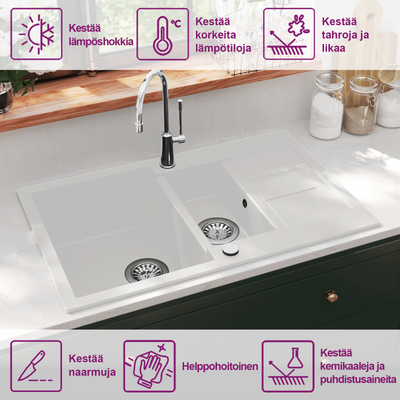 Valkoinen keittiön tuplapesuallas Alaeldin (graniitti)