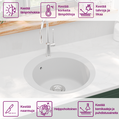 Valkoinen keittiön pesuallas graniitti pyöreä Aronia