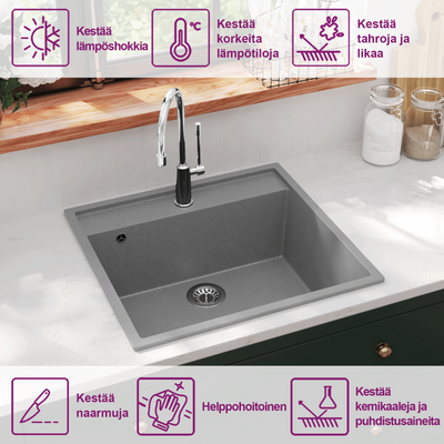 Harmaa keittiön tiskiallas ylivuotoreiällä Aleksi (graniitti)
