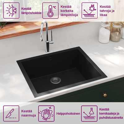 Musta keittiön tiskiallas ylivuotoreiällä Savioli (graniitti)