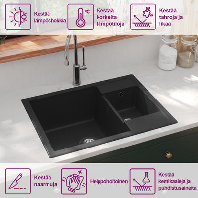 Musta keittiön tiskiallas ylivuotoreikä tupla-allas Aissa (graniitti)