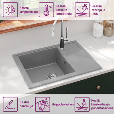 Harmaa keittiön tiskiallas ylivuotoreiällä ovaali Panorea (graniitti)