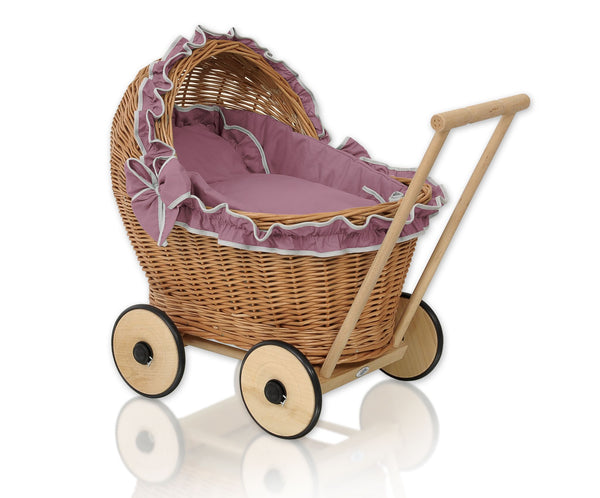 My Sweet Baby - Chiara luonnollinen rottinkinen nukenvaunu vuodevaatteilla, pehmeällä pehmusteella ja puuteriroosana