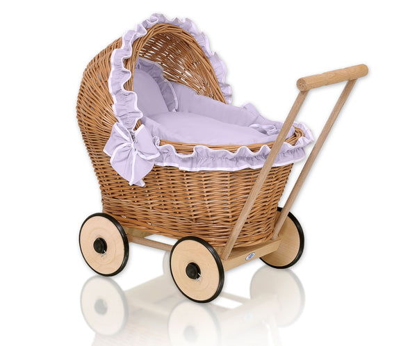 My Sweet Baby - Pajuinen nukenvaunu lilanvärisillä vuodevaatteilla ja pehmeällä pehmusteella Chiara - luonnonvärinen