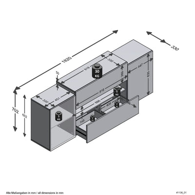 FMD TV / Hi-Fi-taso 182x33x70,2 cm valkoinen ja artesaanitammi