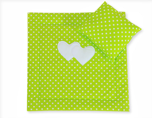 Vauvan peitto 77x77cm ja tyyny - Hearts white dots on green