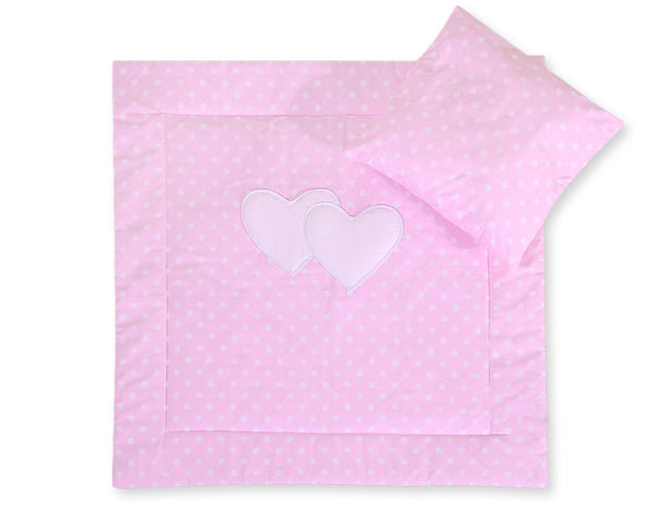 Vauvan peitto 77x77cm ja tyyny - Hearts white dots on pink