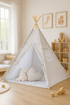 Bobono - Lasten tipi-teltta + leikkimatto + tyynyt + koristehöyhenet - Chevron harmaa