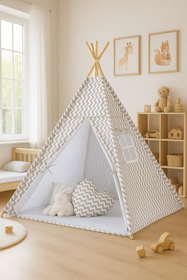 Bobono - Lasten tipi-teltta + leikkimatto + tyynyt + koristehöyhenet - Chevron harmaa
