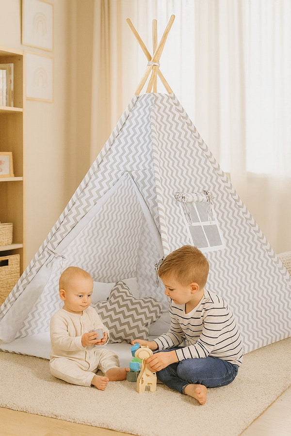 Bobono - Lasten tipi-teltta + leikkimatto + tyynyt + koristehöyhenet - Chevron harmaa