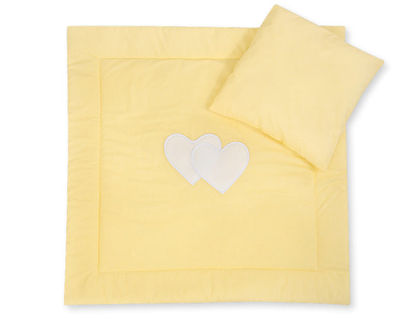 Vauvan peitto 77x77cm ja tyyny - Hanging hearts yellow strips