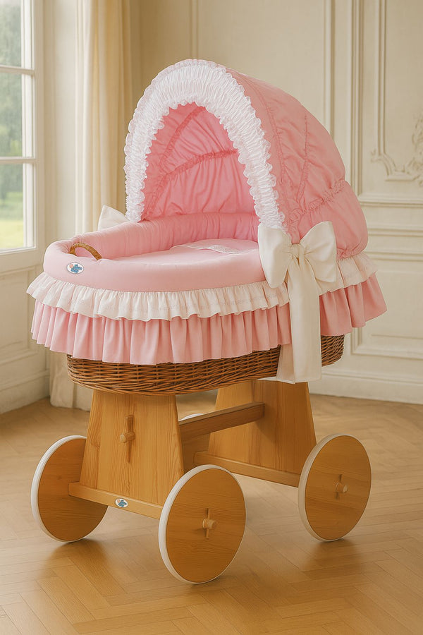 My Sweet Baby - Bellamy Moses-kori pajusta kuomulla, luonnollinen + vaaleanpunaiset vuodevaatteet