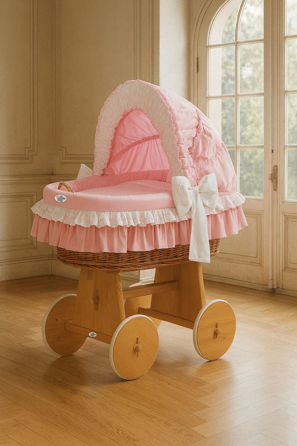 My Sweet Baby - Bellamy Moses-kori pajusta kuomulla, luonnollinen + vaaleanpunaiset vuodevaatteet