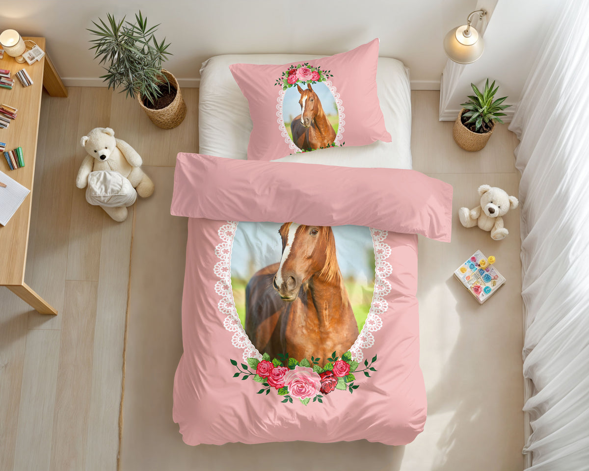 Lasten Pussilakanasetti Cute Horse Vaaleanpunainen 140 x 200/220