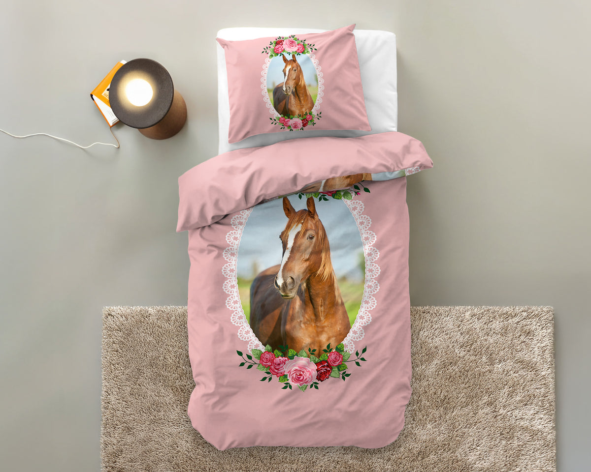 Lasten Pussilakanasetti Cute Horse Vaaleanpunainen 140 x 200/220