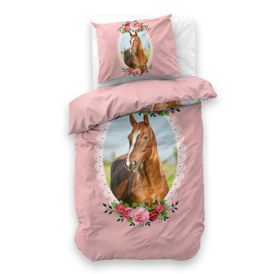 Lasten Pussilakanasetti Cute Horse Vaaleanpunainen 140 x 200/220