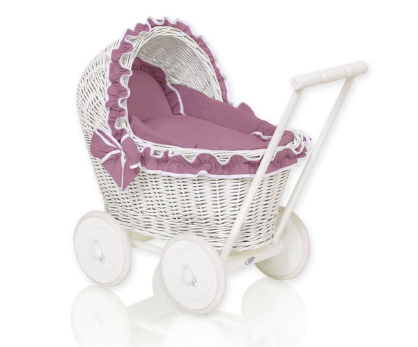 My Sweet Baby - Chiara pajuinen nukenrattaat valkoinen pehmusteella ja vuodevaatteilla dusty rose