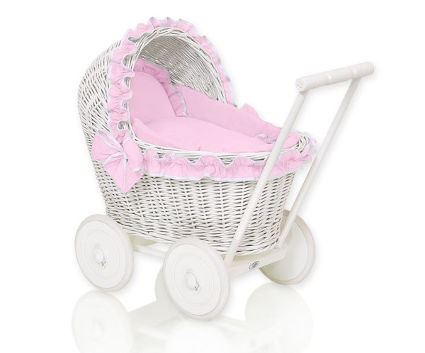 My Sweet Baby - Chiara pajuinen nukenvaunut valkoinen, vaaleanpunaiset vuodevaatteet ja pehmeä pehmuste