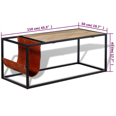 Sohvapöytä nahkaisella lehtitelineellä 110x50x45 cm