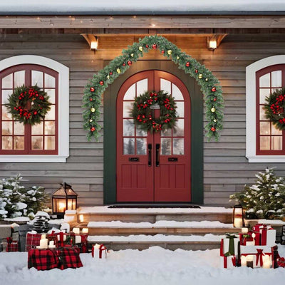 Jouluköynnös koristeltu joulupalloilla ja led-valoilla Caryn 5 m