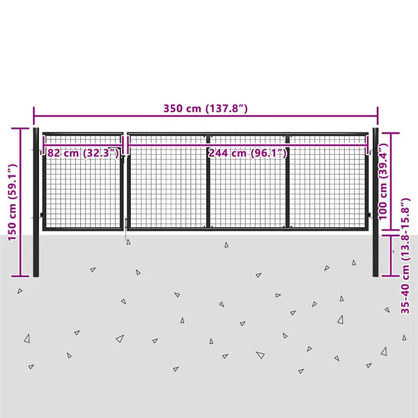 Puutarhan portti teräs 350x100 cm antrasiitti