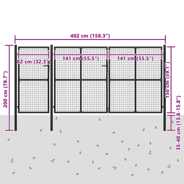 Puutarhan portti teräs 400x150 cm antrasiitti