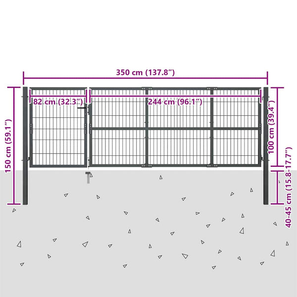 Puutarhan portti tolpilla teräs 350x100 cm antrasiitti