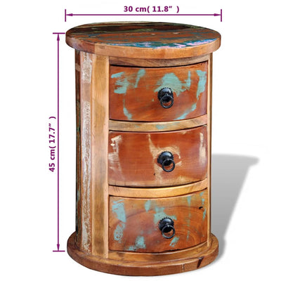 Pyöreä laatikosto Elana (3 vetolaatikolla kierrätetty puu)