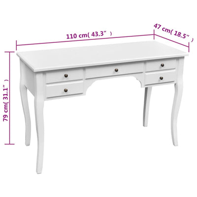 Puinen ranskalaistyylinen työpöytä Malinela (kaarevat jalat ja 5 laatikkoa)