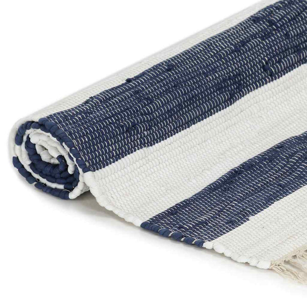 Käsin kudottu chindi-matto puuvilla 80x160 cm sininen/valkoinen