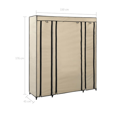 Vaatekaappi lokeroilla ja tangoilla kangas 150x45x176 cm kerma