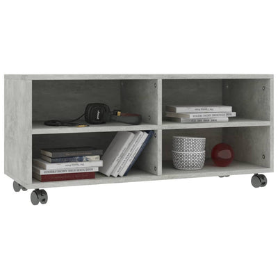 TV-taso rullapyörillä betoninharmaa 90x35x35 cm tekninen puu
