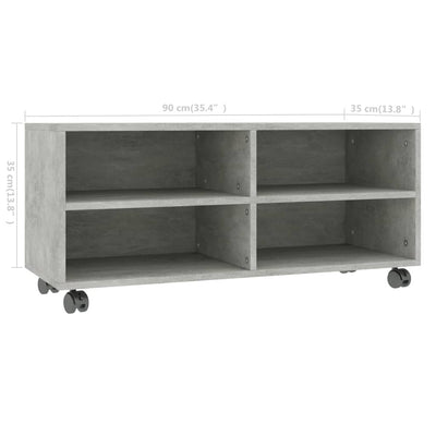 TV-taso rullapyörillä betoninharmaa 90x35x35 cm tekninen puu