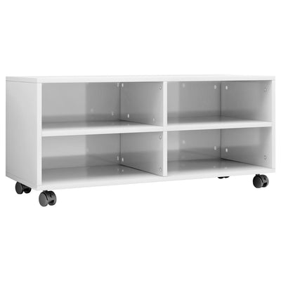 TV-taso rullapyörillä korkeakiilto valk. 90x35x35 cm lastulevy
