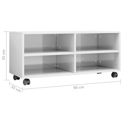 TV-taso rullapyörillä korkeakiilto valk. 90x35x35 cm lastulevy