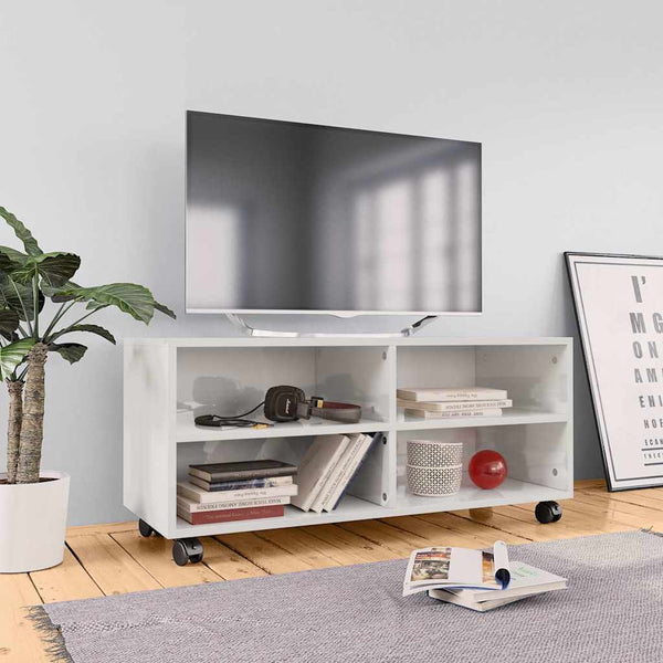 TV-taso rullapyörillä korkeakiilto valk. 90x35x35 cm lastulevy