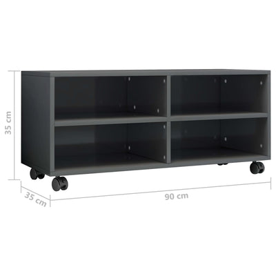 TV-taso rullapyörillä korkeakiilto harmaa 90x35x35 cm lastulevy